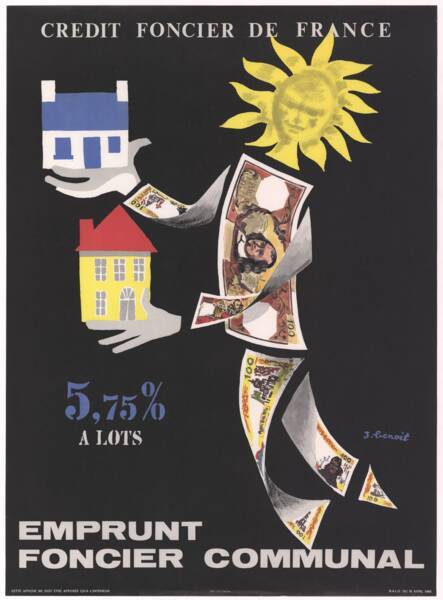 Affiche du Crédit foncier de France représentant un personnage avec une tête de soleil et un corps en billets de banque, jonglant avec deux maisons. ANMT, 2008 23 29, Crédit foncier de France