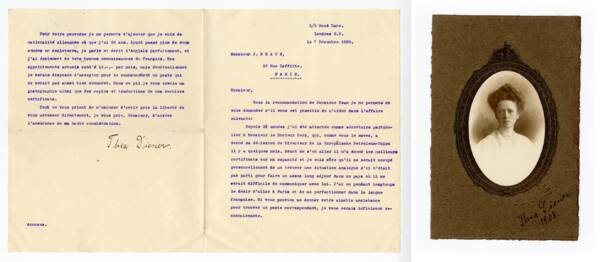 Candidature de Thea Diener, Allemande, à un poste au siège parisien de la Société commerciale et industrielle de Naphte Caspienne et de la Mer Noire, correspondance, tirage photographique noir et blanc, 1908.