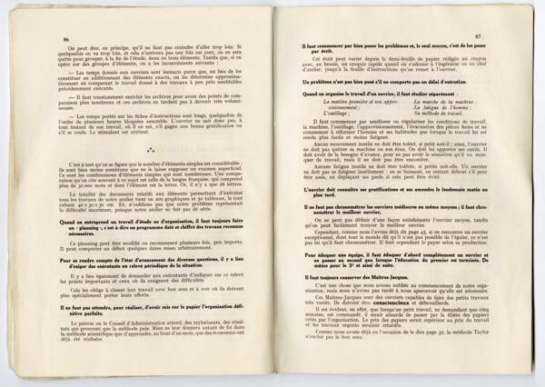 Extrait d’une publication de la Manufacture française des pneumatiques Michelin, « Comment nous avons taylorisé notre atelier mécanique d’entretien », Prospérité, supplément au n° 2, août 1928, 119 p. [2e édition, s.d.]
