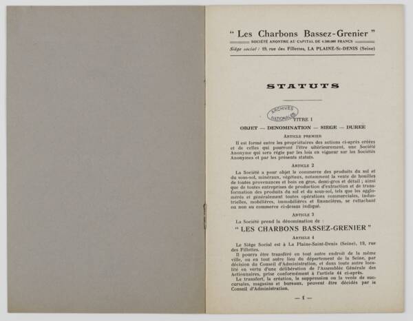 Société anonyme "Les Charbons Bassez-Grenier" La Plaine-Saint-Denis : statuts, 1934.