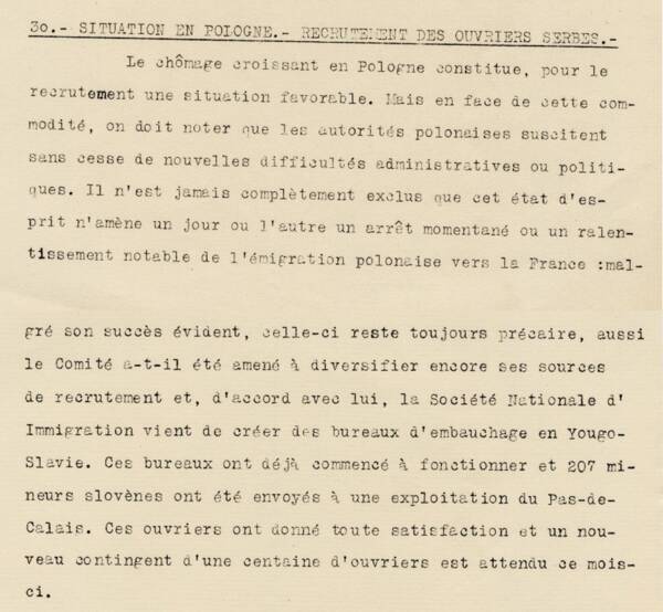 Procès-verbal de la réunion de la commission de la main-d’œuvre étrangère du comité central des houillères de France. Texte dactylographié, 1924.ANMT 110 AQ 41. Fonds Commentry, Fourchambault et Decazeville, compagnie minière.