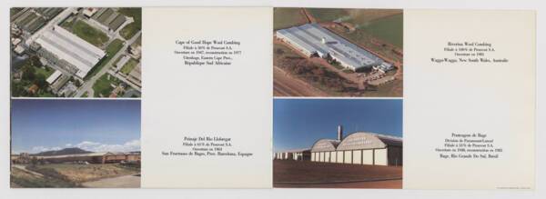 Brochure de communication du Groupe Prouvost : double page présentant des vues aériennes des usines du groupe en Afrique du Sud, Espagne, Australie et Brésil, [années 1980-1990].