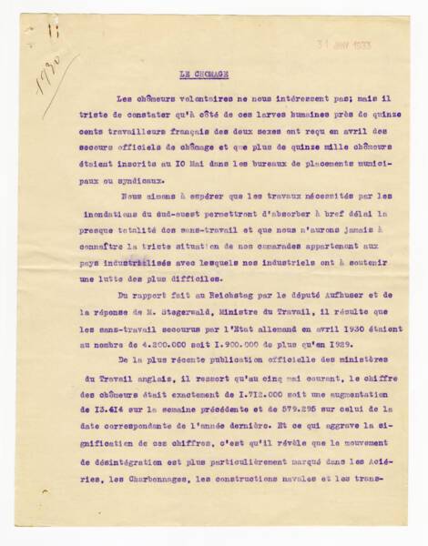 Extrait d'un article de W. Fortier sur le chômage transmis au président du syndicat des fabricants de toiles d'Armentières, 1930.