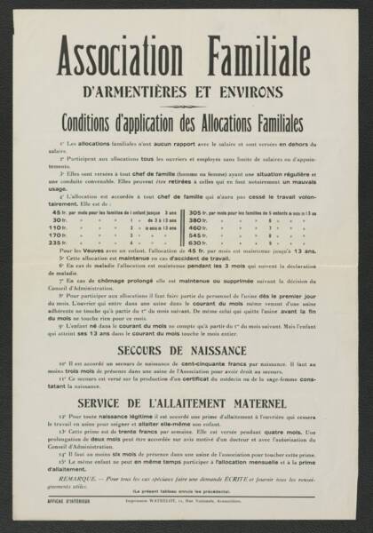 Affiche de l'Association familiale d'Armentières et environs rappelant les conditions d'application des allocations familiales, 1930.